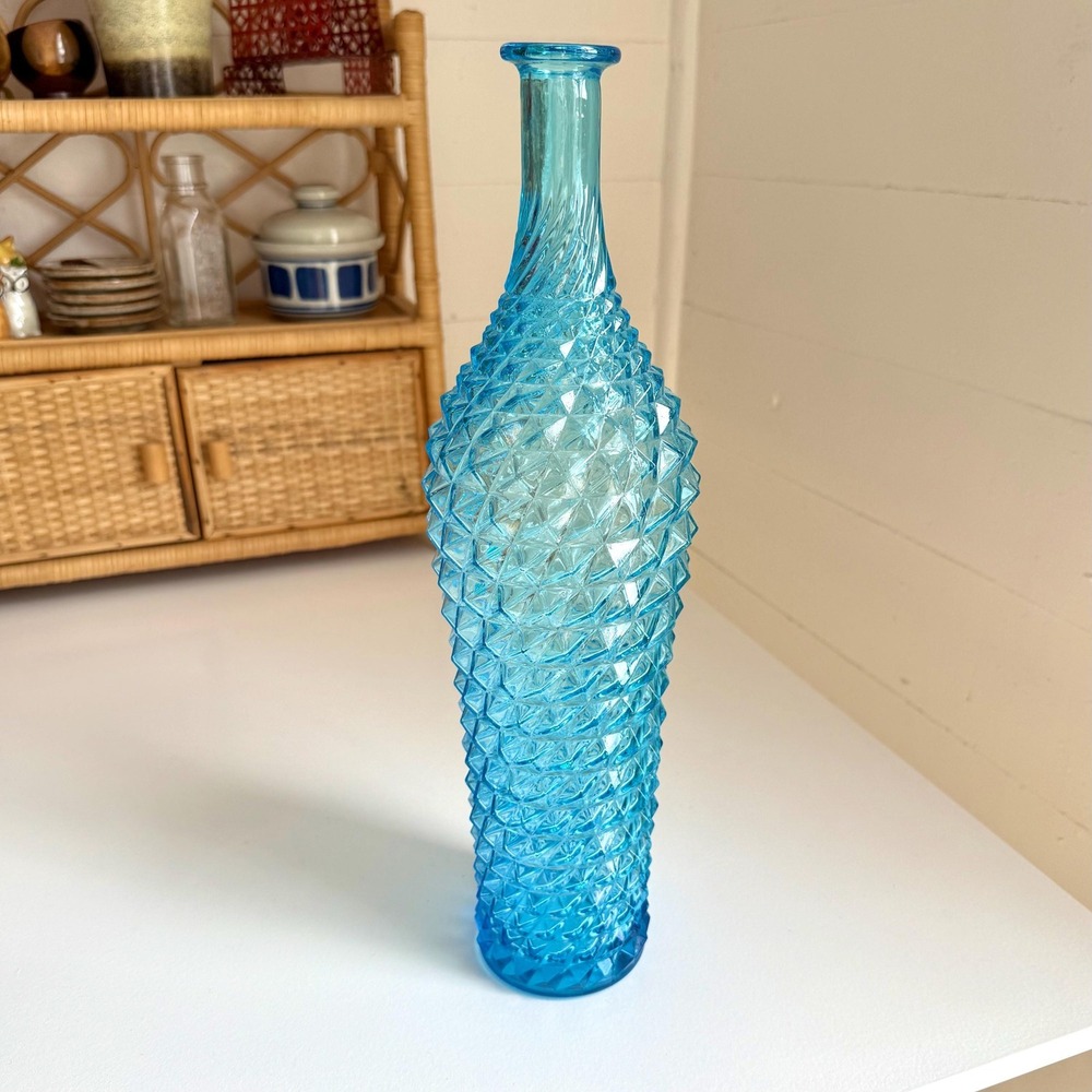 Vintage Empoli Decanter Genie bottle  Blue Diamond Cut Vase Italy